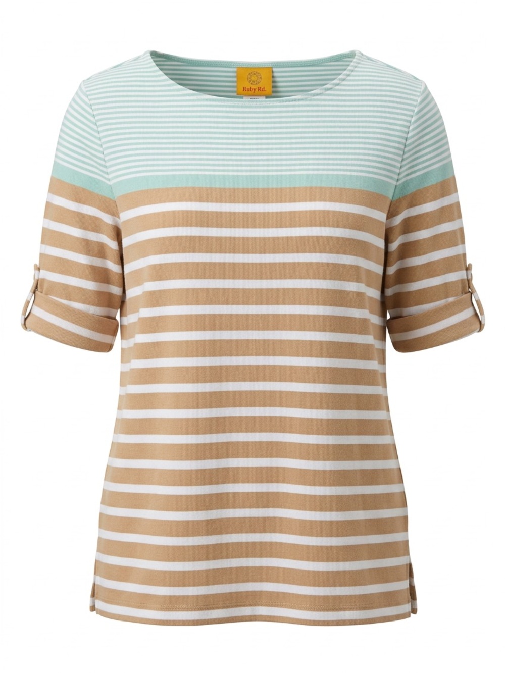 Ruby Rd. Mint, Tan & White Striped Short Sleeve Top